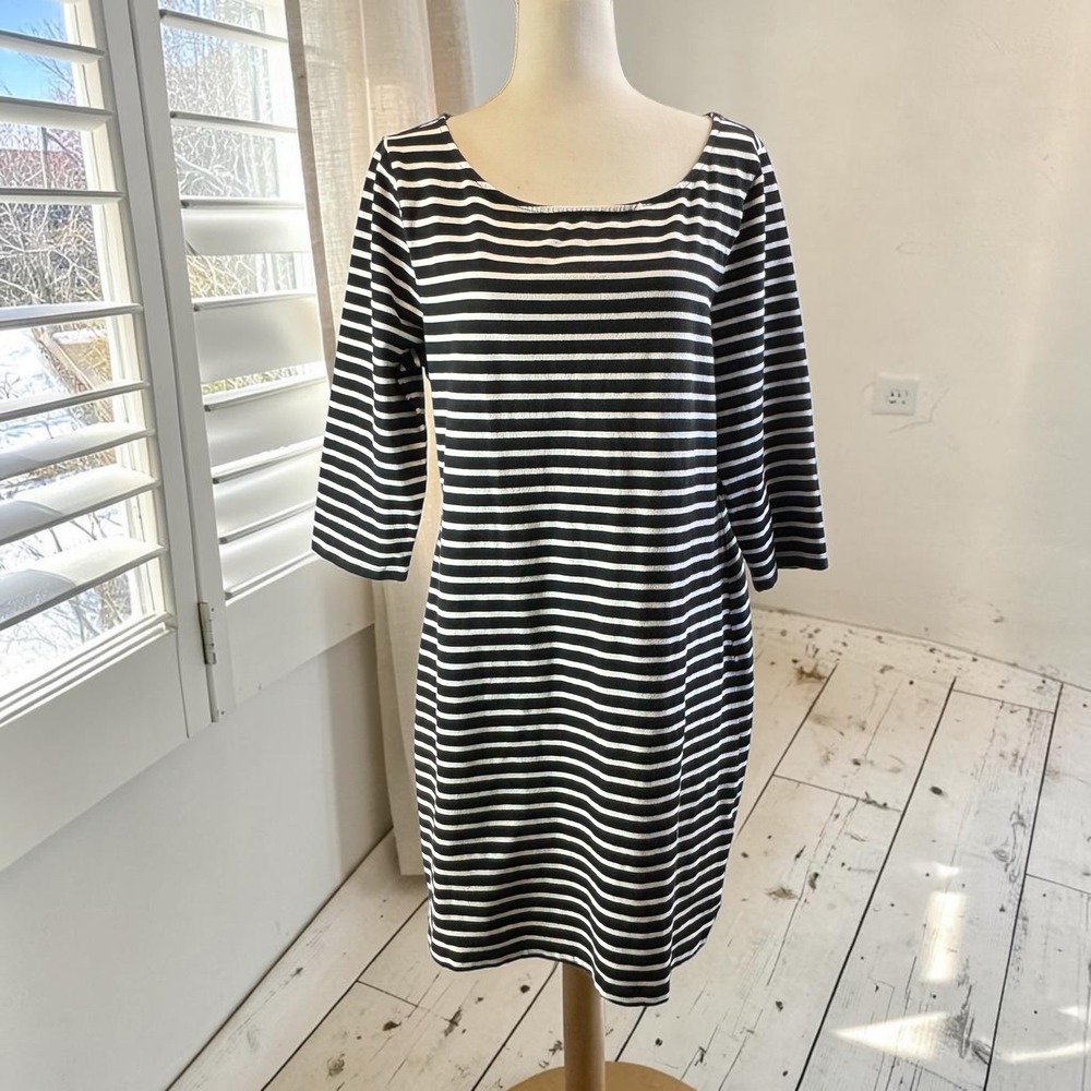 Striped Shift Dress Old Navy XL Black White Cotton Stretch Nautical Button Cuff